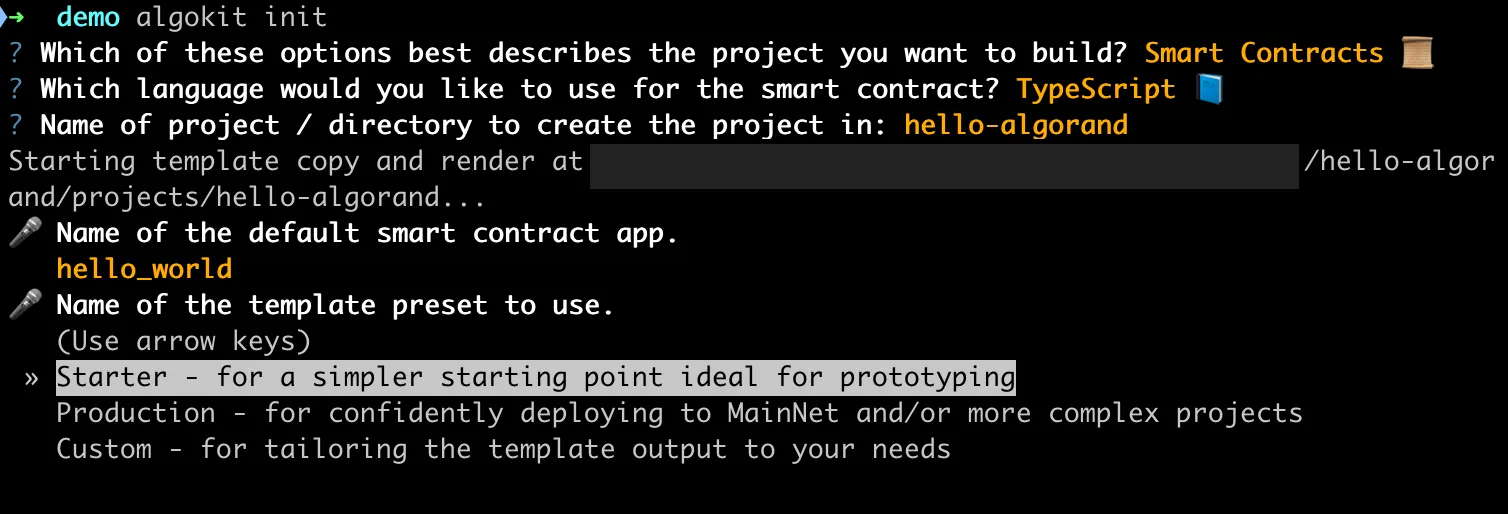 AlgoKit Init: Select template preset